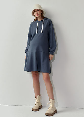 荷葉裙襬連帽孕哺洋裝