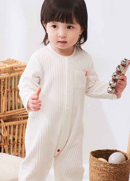 BABY百褶羅紋長袖連身衣-白色3
