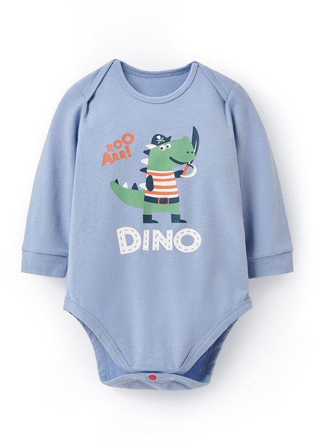 BABY Q彈棉質長袖包屁衣-恐龍-灰藍1
