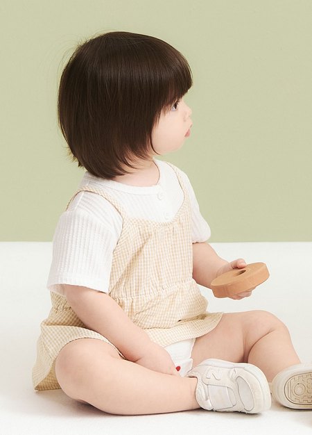 BABY假兩件吊帶包屁洋裝-淺黃2