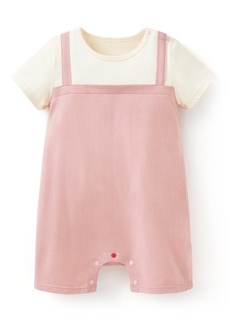 BABY假兩件吊帶連身包屁衣-淺粉1