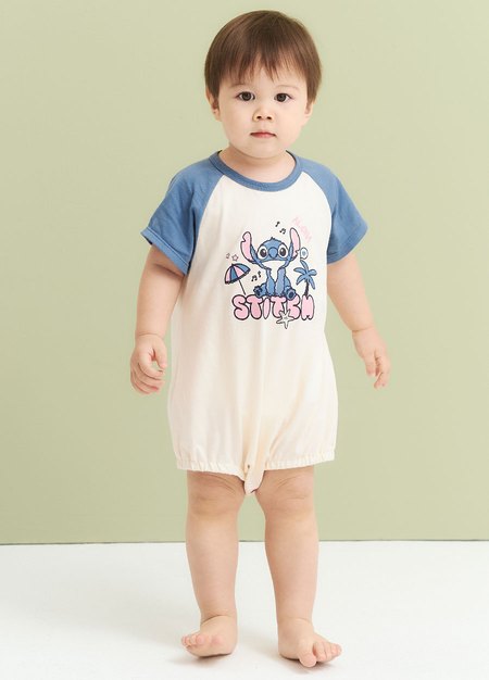 BABY 迪士尼棉質拉克蘭寬鬆包屁衣-史迪奇-藍色1