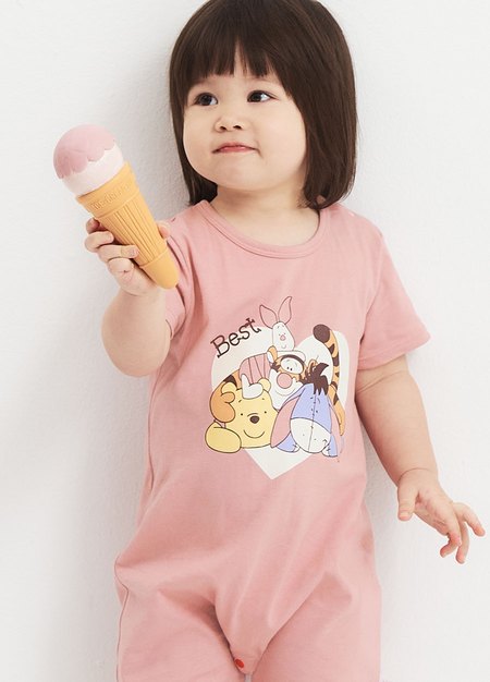 BABY 迪士尼棉質連身包屁衣-維尼與好朋友-淺粉1