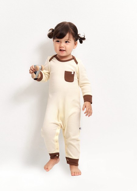 BABY Q彈配色長袖連身衣-米色3