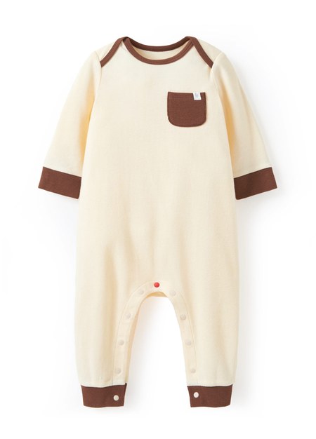 BABY Q彈配色長袖連身衣-米色1