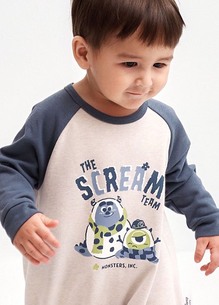 BABY迪士尼毛圈拉克蘭寬鬆包屁衣-怪獸電力公司-灰藍1