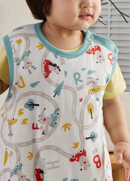 抗菌防踢被(薄款0-24M)釦子款-森林碰碰車-藍綠3