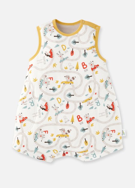 抗菌防踢被(薄款0-24M)釦子款-森林碰碰車-芥黃1