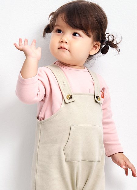 BABY棉質連身吊帶褲-米色2