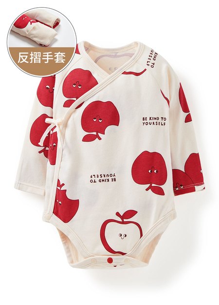 新生兒 Q彈棉質長袖包屁衣-蘋果-淺棕1