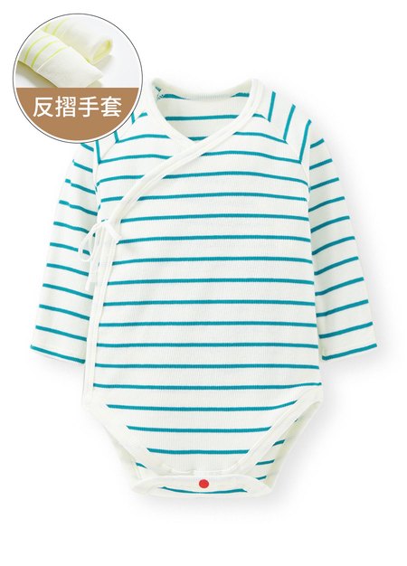 新生兒Q彈橫紋長袖包屁衣-藍綠1