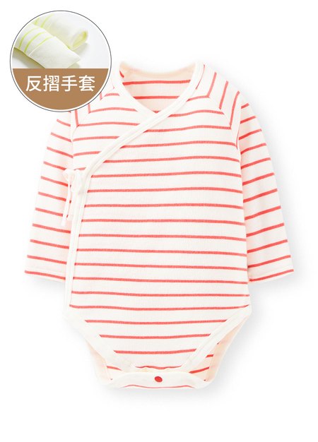新生兒Q彈橫紋長袖包屁衣-粉橘3