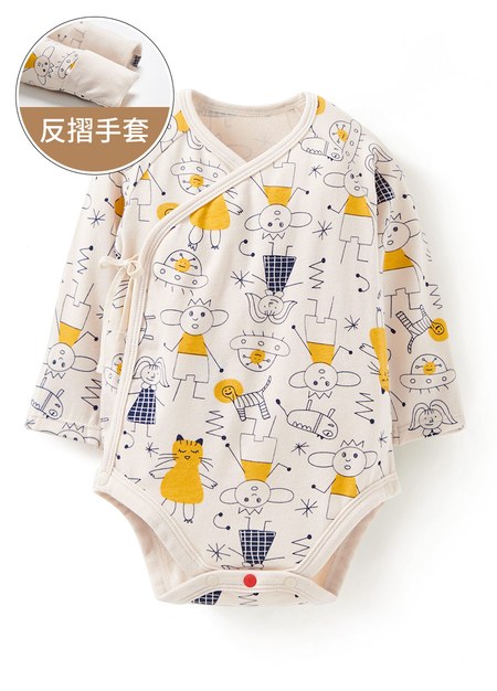 新生兒Q彈棉質長袖包屁衣-童趣線條-黃色1