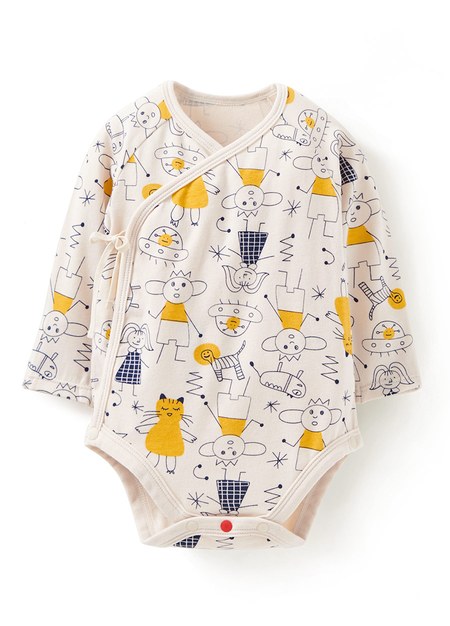 新生兒Q彈棉質長袖包屁衣-童趣線條-黃色2