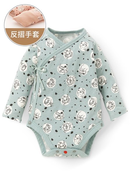 新生兒迪士尼Q彈棉質長袖包屁衣-點點貓狗-藍綠1