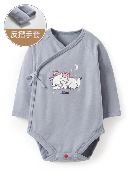 新生兒迪士尼蓄熱保溫長袖包屁衣-瑪麗貓-灰藍1