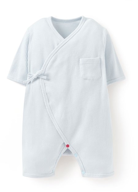 新生兒坑條短袖連身包屁衣-淺藍1