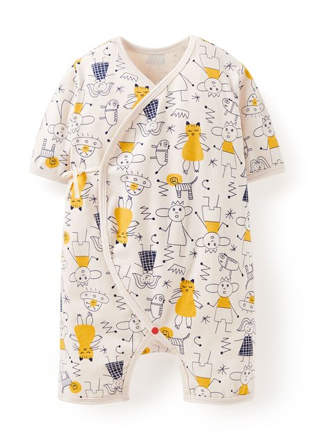 新生兒短袖連身包屁衣-童趣線條-黃色1