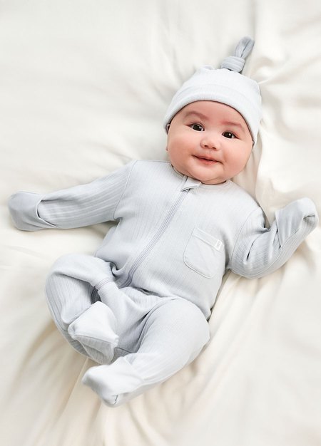 新生兒百褶羅紋雙拉鍊長袖連身衣(附帽子)-淺灰2