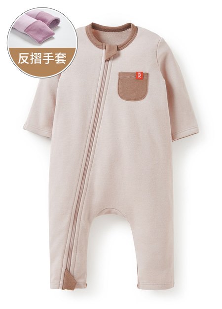 新生兒撞色拉鍊長袖連身衣-卡其1