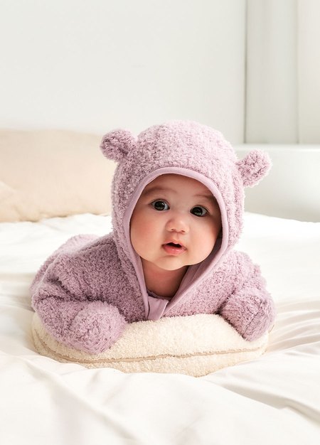 新生兒造型絨毛拉鍊長袖連身衣-淺紫3