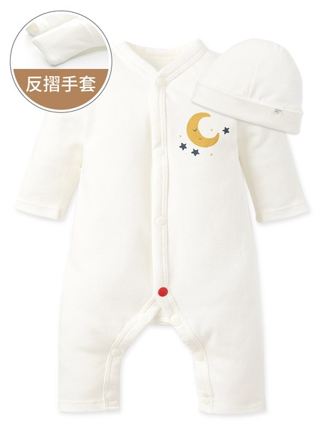 早產兒長袖連身衣(附帽子)-米色1