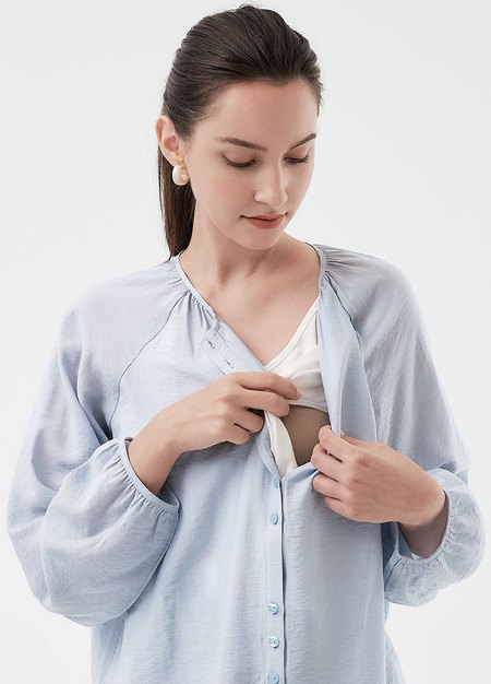 簡約圓領縮褶廓型孕哺襯衫-籃紫2