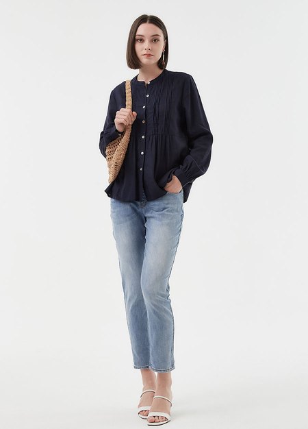 氣質壓褶剪接孕哺襯衫(兩穿)-深藍4