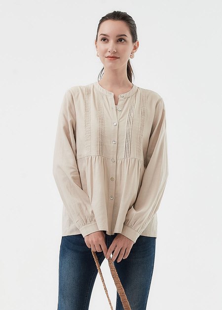 氣質壓褶剪接孕哺襯衫(兩穿)-米色3