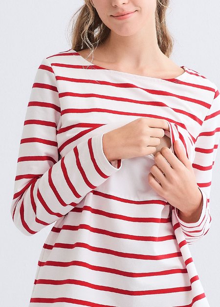 船領橫紋孕哺上衣-紅色2