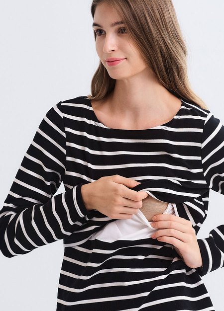 船領橫紋孕哺上衣-黑色2