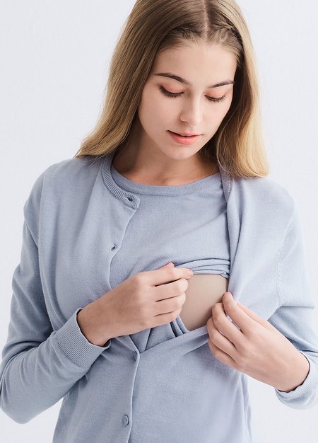 圓領開襟孕哺針織衫(兩穿)-淺藍2