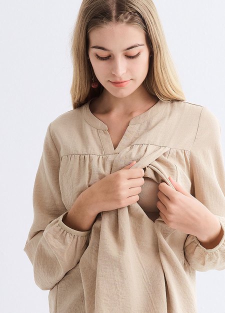 小V領細褶孕哺上衣-卡其2