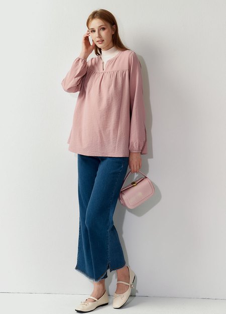 小V領細褶孕哺上衣-淺粉4