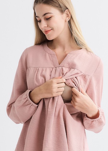 小V領細褶孕哺上衣-淺粉2