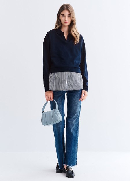 假兩件翻領傘襬孕哺上衣-深藍1