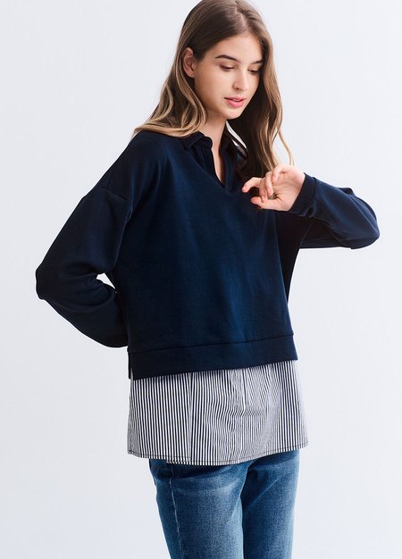 假兩件翻領傘襬孕哺上衣-深藍4