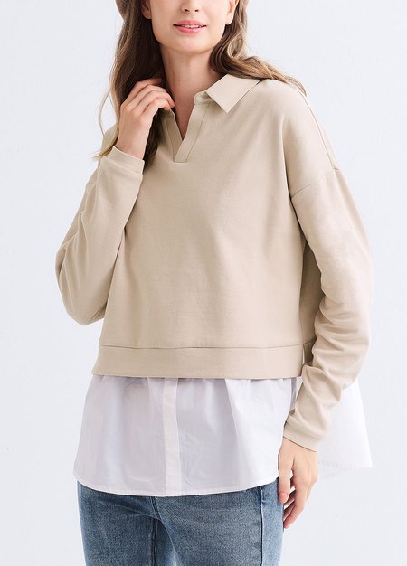 假兩件翻領傘襬孕哺上衣-米色1