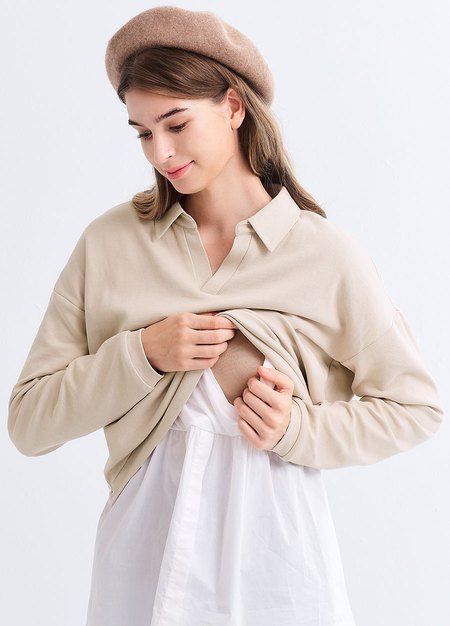 假兩件翻領傘襬孕哺上衣-米色2