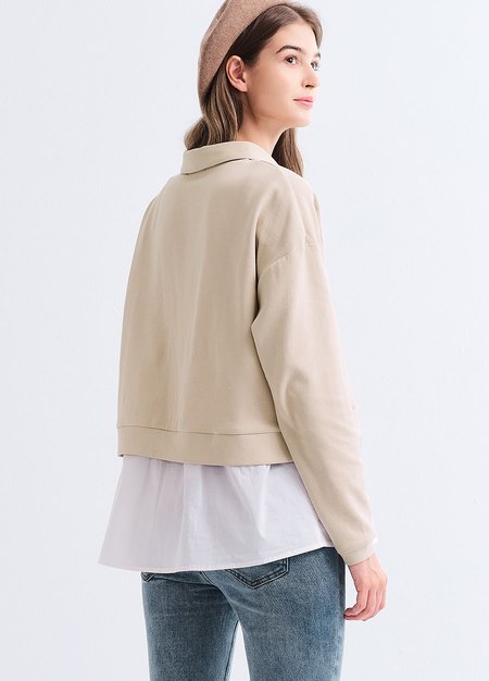 假兩件翻領傘襬孕哺上衣-米色3