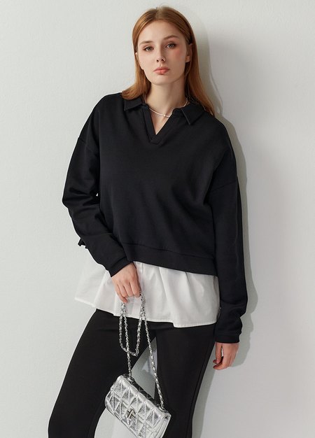 假兩件翻領傘襬孕哺上衣-黑色1