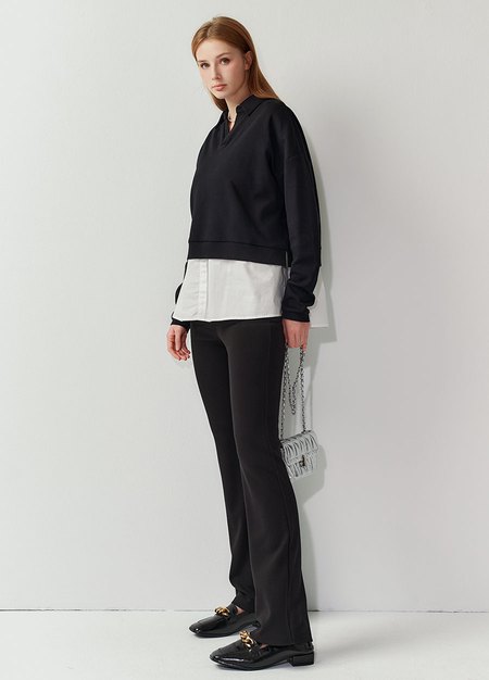 假兩件翻領傘襬孕哺上衣-黑色3