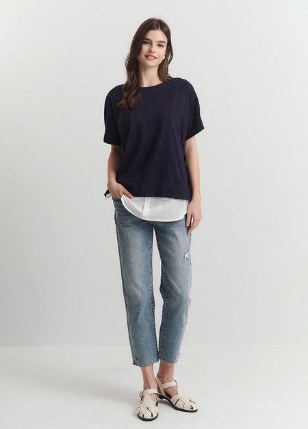 棉質假兩件孕哺上衣-深藍1