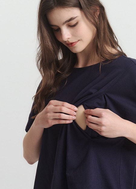 棉質假兩件孕哺上衣-深藍2