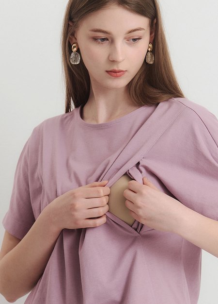 棉質假兩件孕哺上衣-藕紫2