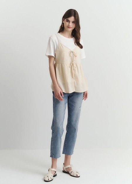 假兩件細肩帶綁帶孕哺上衣-淺黃3