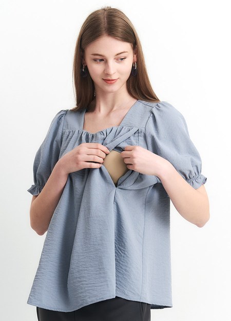 優雅方領蓬袖孕哺上衣-藍色2