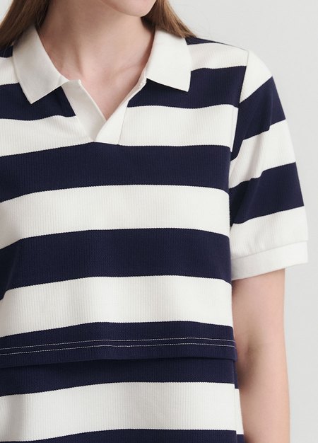 V領翻領橫紋孕哺上衣-深藍4