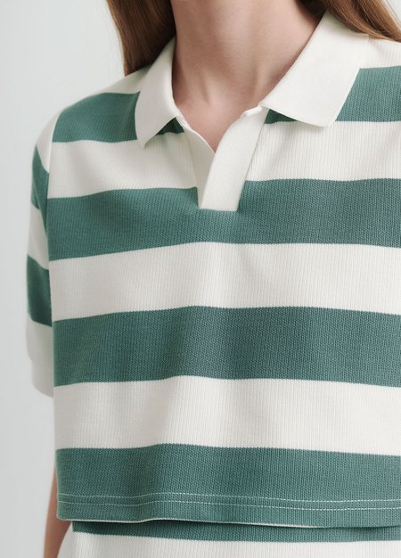 V領翻領橫紋孕哺上衣-淺綠1