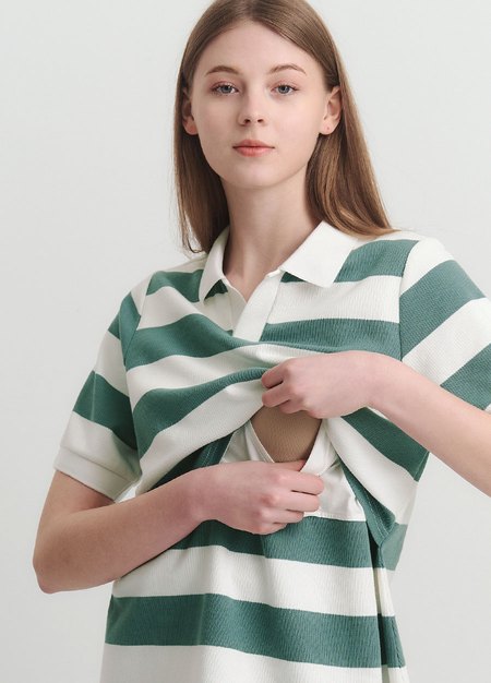 V領翻領橫紋孕哺上衣-淺綠2